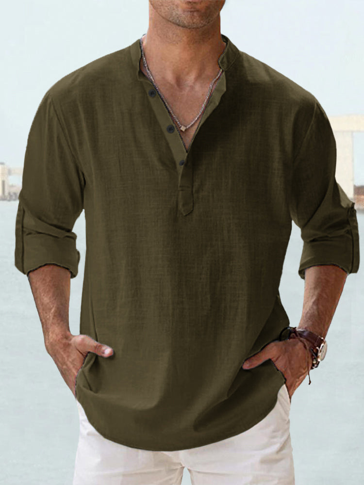 T-shirt ample à manches longues et col montant en lin pour homme