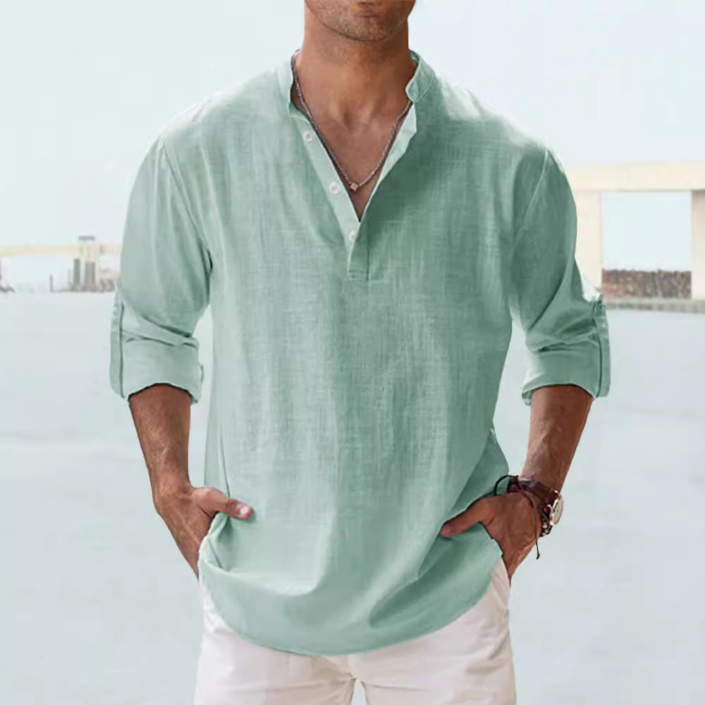 T-shirt ample à manches longues et col montant en lin pour homme