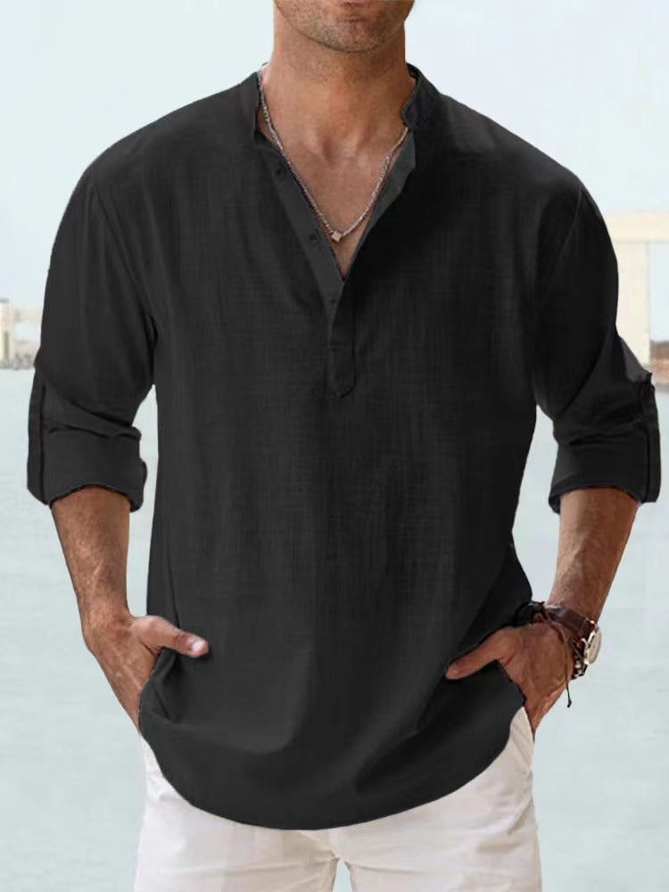 T-shirt ample à manches longues et col montant en lin pour homme