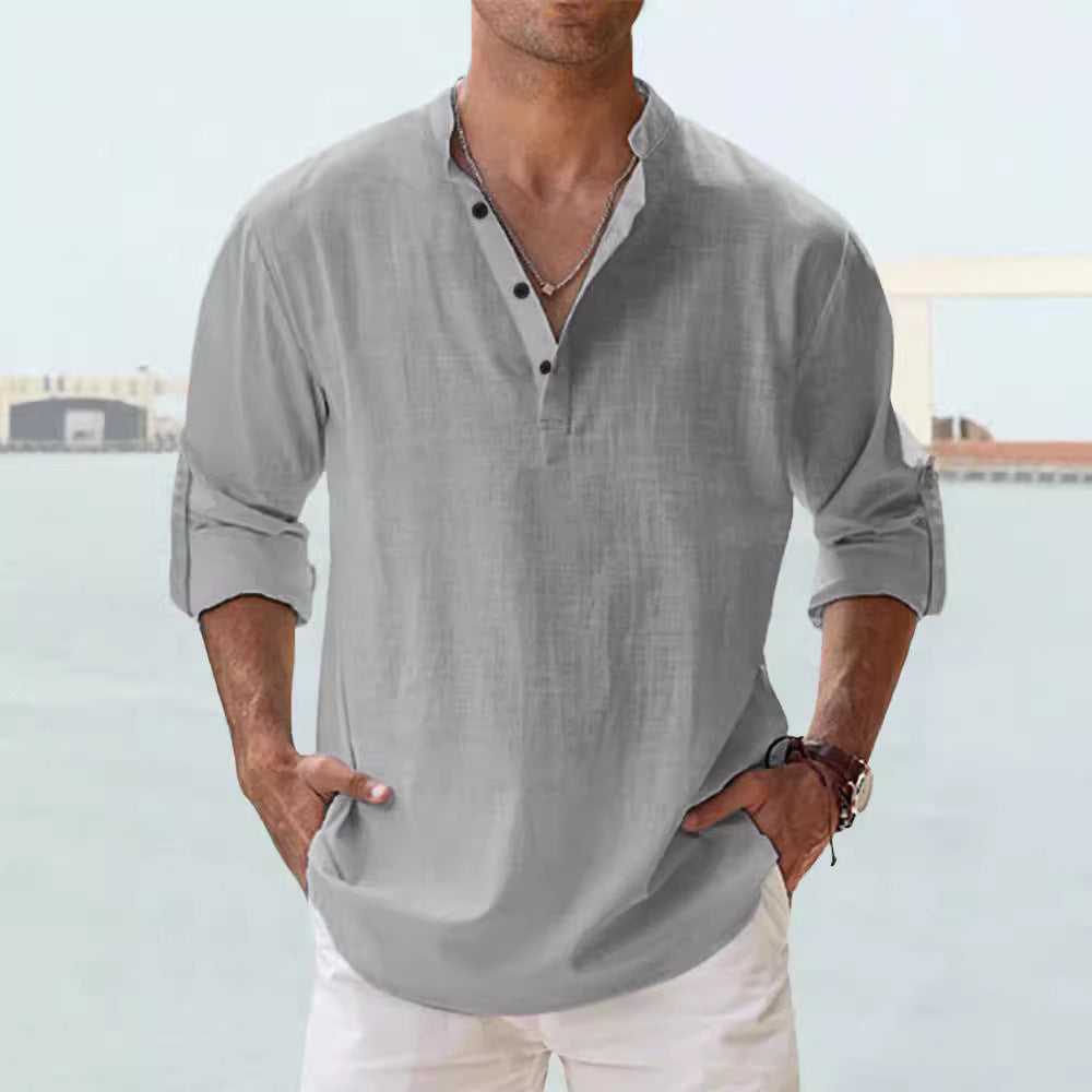 T-shirt ample à manches longues et col montant en lin pour homme