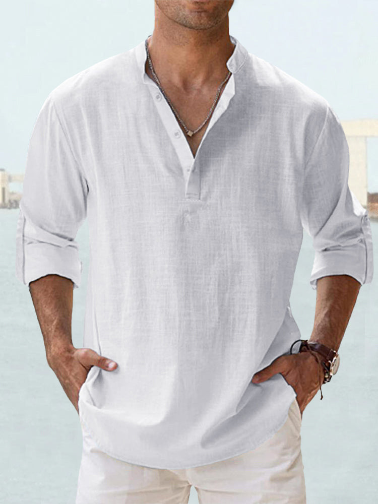 T-shirt ample à manches longues et col montant en lin pour homme