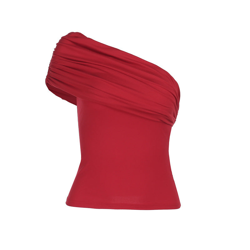 Haut femme plissé ajusté à épaules obliques