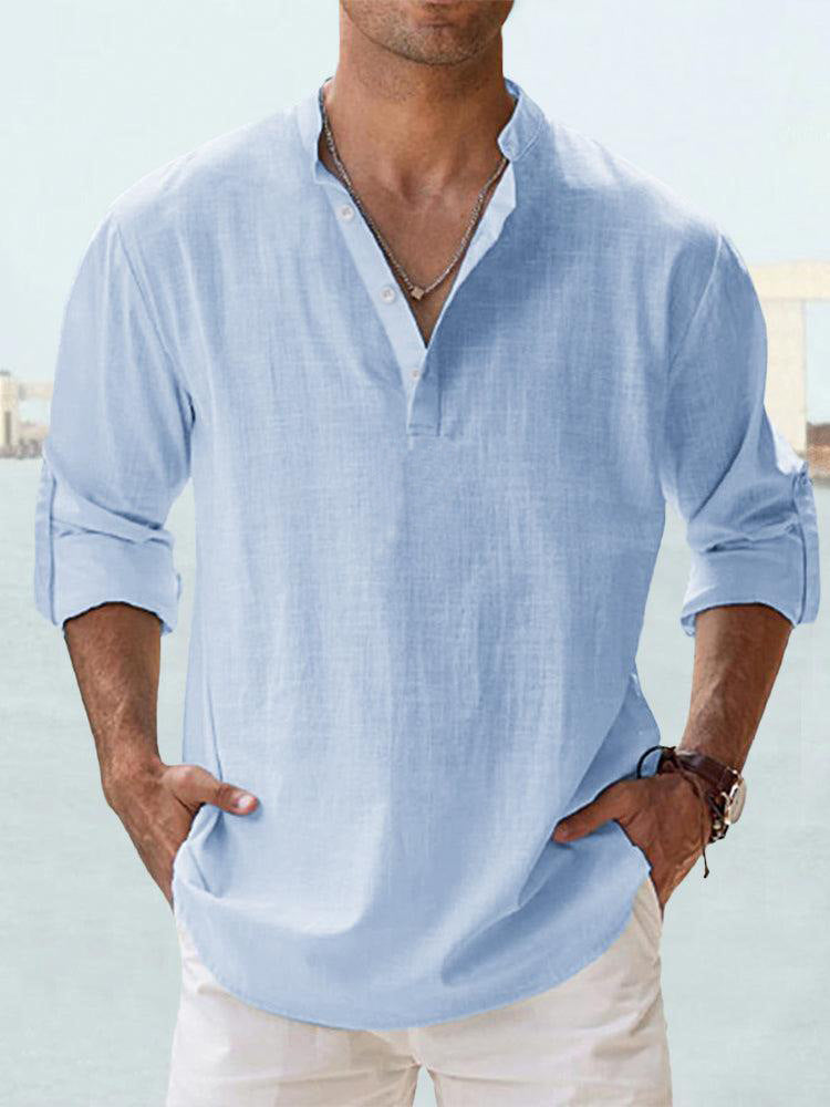 T-shirt ample à manches longues et col montant en lin pour homme