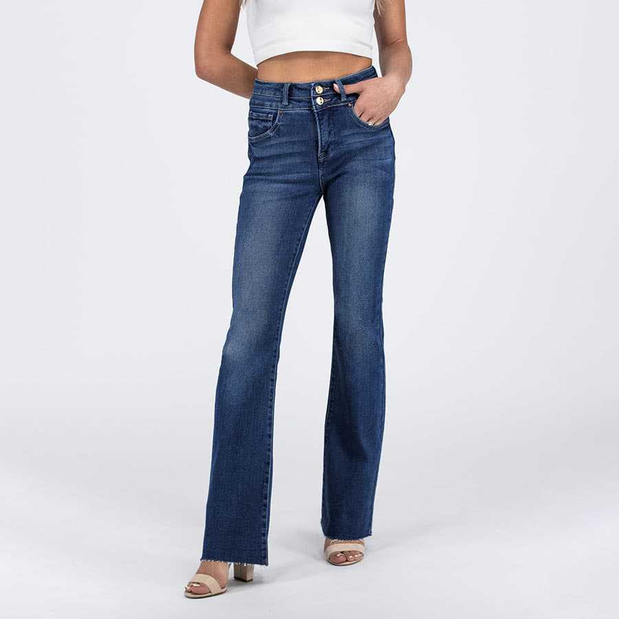 Jean droit taille haute à double bouton pour femme