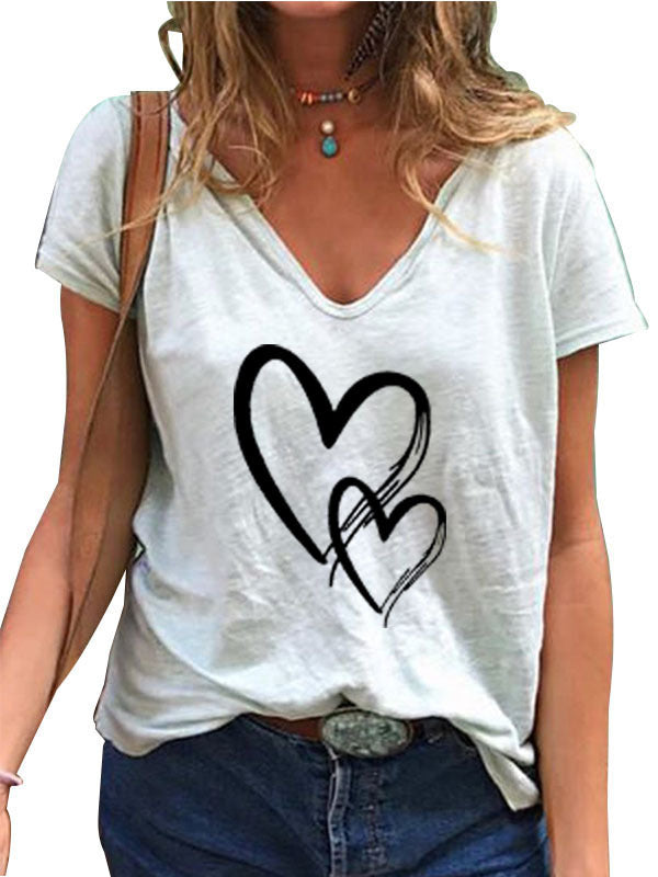 T-shirt ample et décontracté à col en V avec imprimé cœur