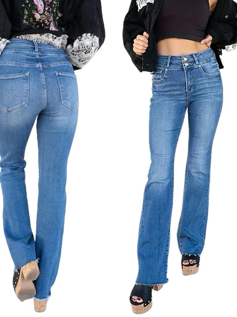Jean droit taille haute à double bouton pour femme