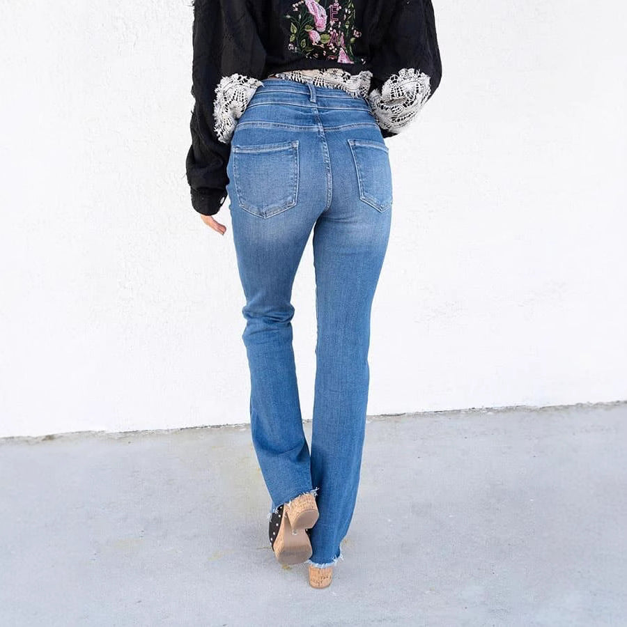 Jean droit taille haute à double bouton pour femme