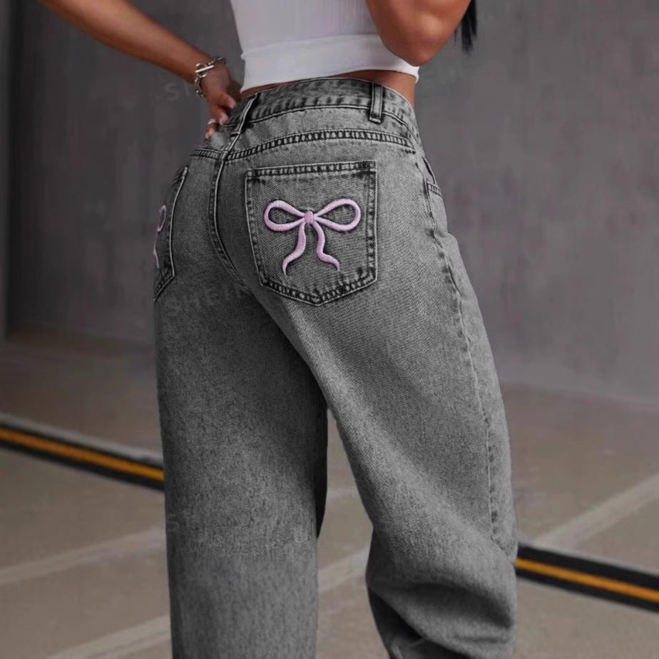 Jean délavé vintage brodé avec nœud pour femme, pantalon droit et ample