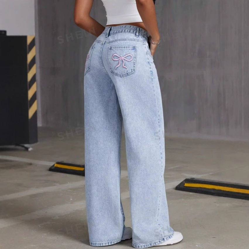 Jean délavé vintage brodé avec nœud pour femme, pantalon droit et ample