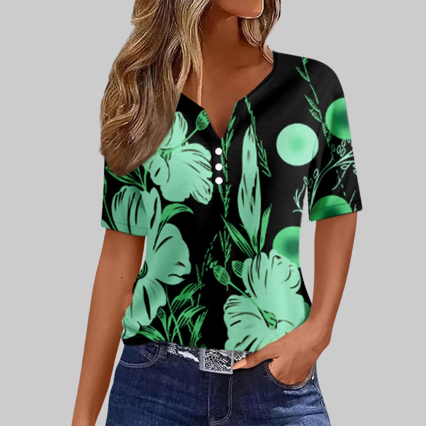 T-shirt à paillettes et col en V à trois boutons et manches courtes pour femme