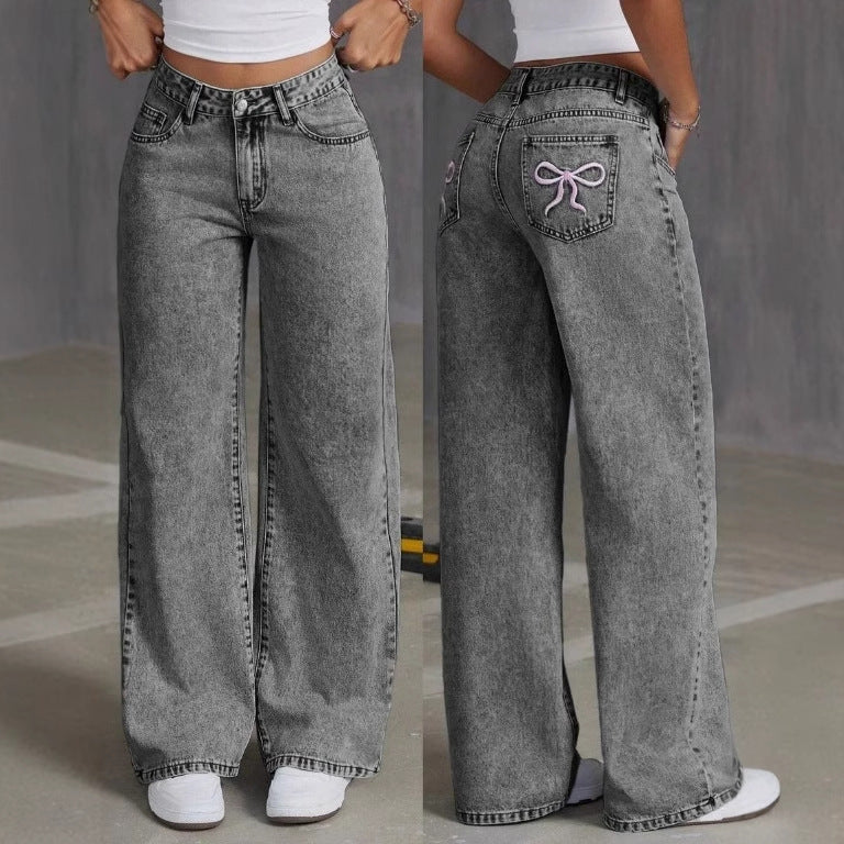 Jean délavé vintage brodé avec nœud pour femme, pantalon droit et ample