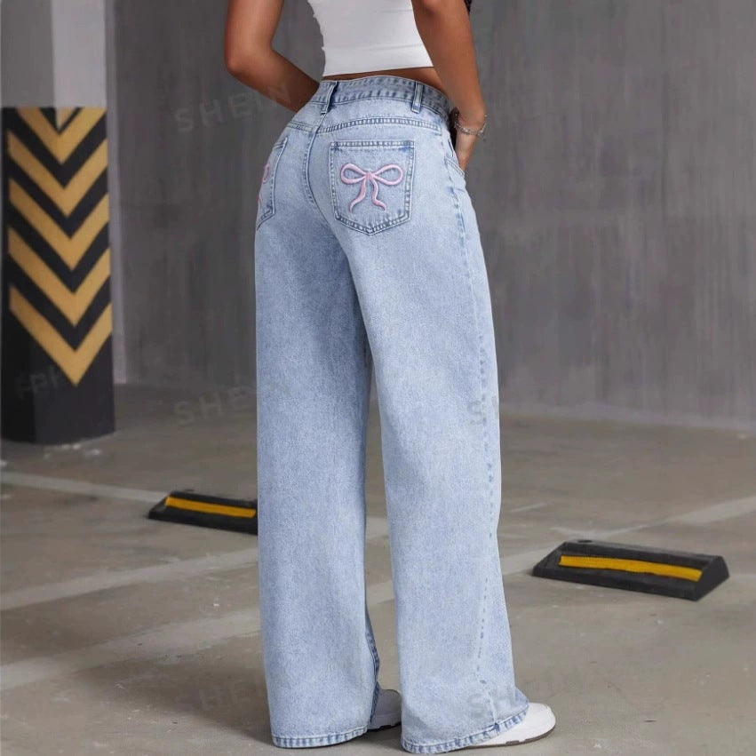 Jean délavé vintage brodé avec nœud pour femme, pantalon droit et ample