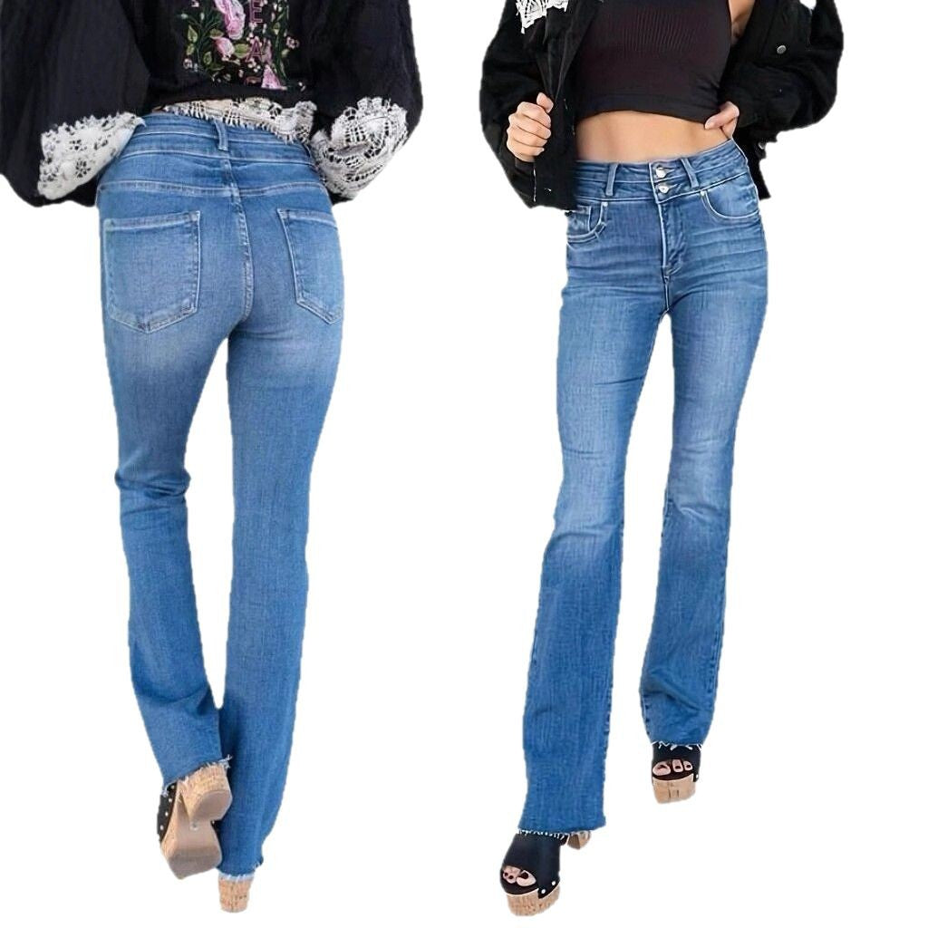 Jean droit taille haute à double bouton pour femme