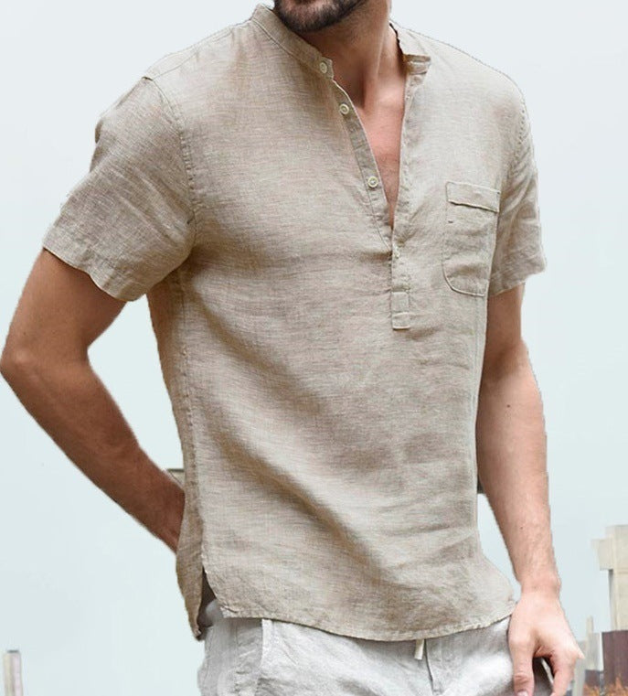 Chemise décontractée en lin de couleur unie, col en V pour hommes