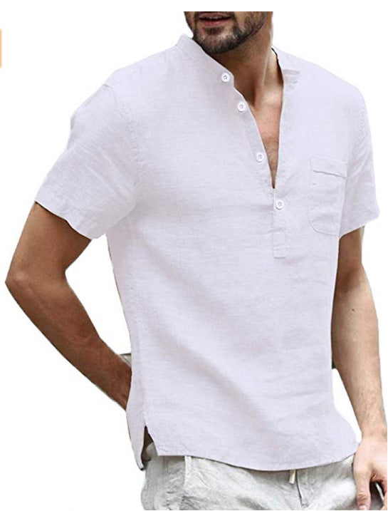 Chemise décontractée en lin de couleur unie, col en V pour hommes