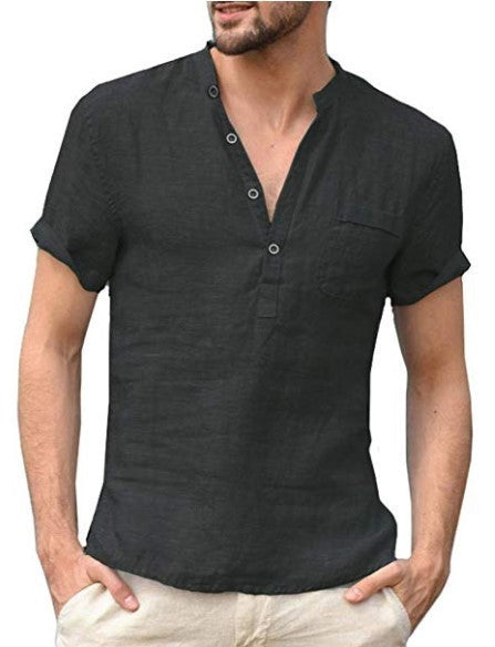 Chemise décontractée en lin de couleur unie, col en V pour hommes