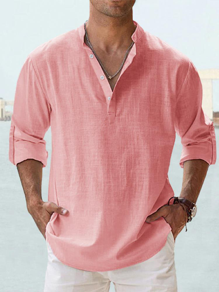 T-shirt ample à manches longues et col montant en lin pour homme
