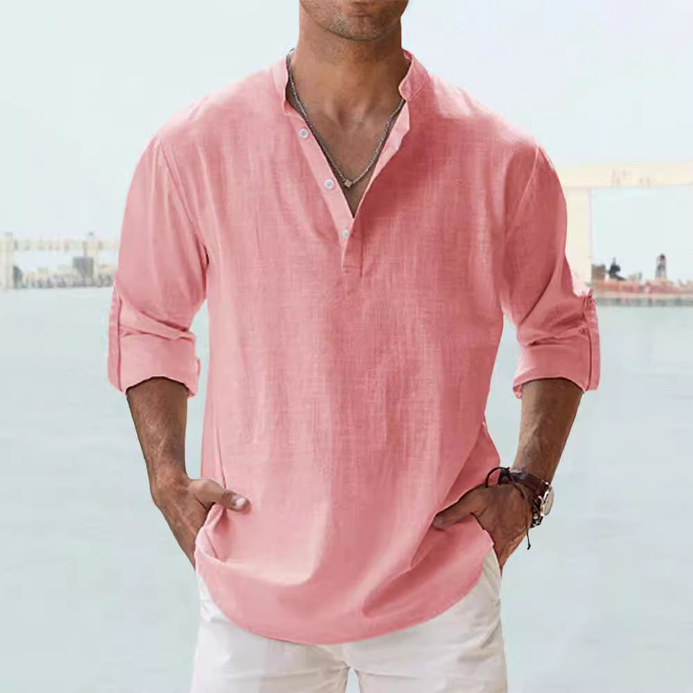 T-shirt ample à manches longues et col montant en lin pour homme