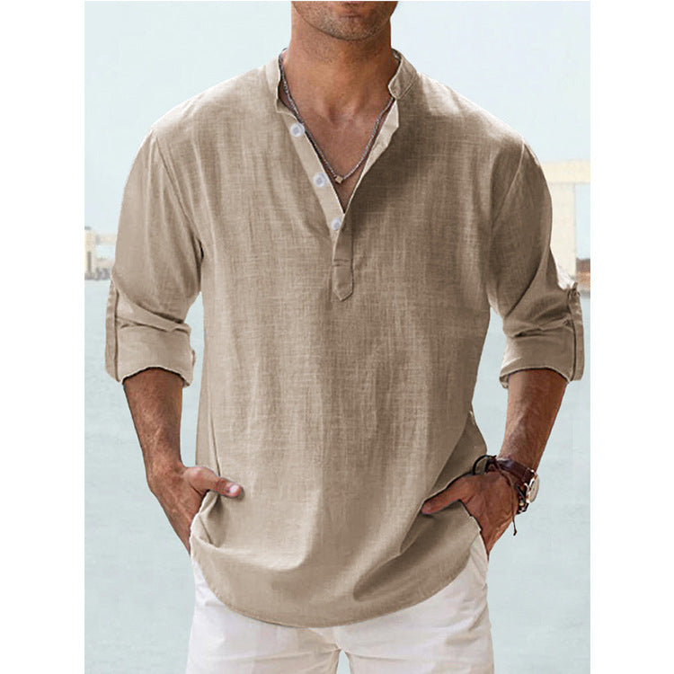 T-shirt ample à manches longues et col montant en lin pour homme