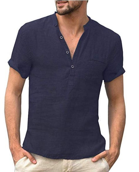 Chemise décontractée en lin de couleur unie, col en V pour hommes