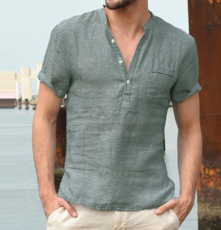 Chemise décontractée en lin de couleur unie, col en V pour hommes