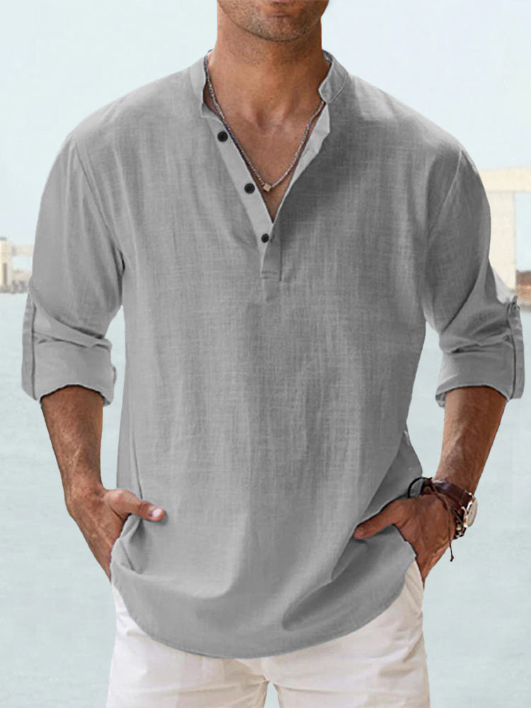 T-shirt ample à manches longues et col montant en lin pour homme