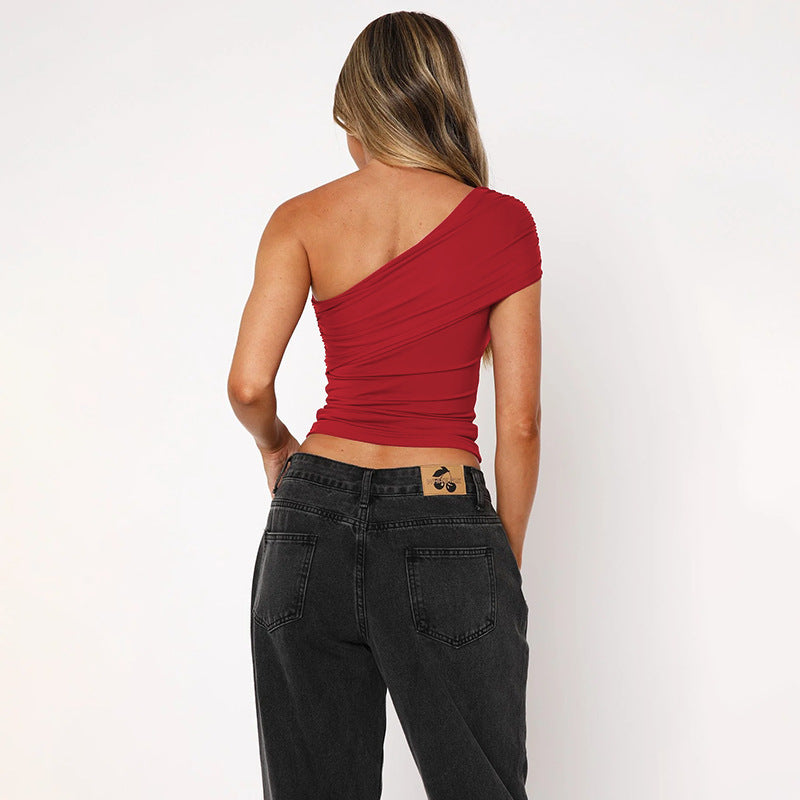 Haut femme plissé ajusté à épaules obliques