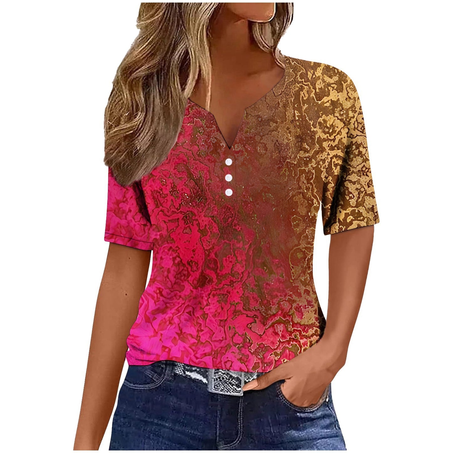 T-shirt à paillettes et col en V à trois boutons et manches courtes pour femme