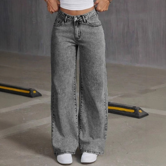 Jean délavé vintage brodé avec nœud pour femme, pantalon droit et ample