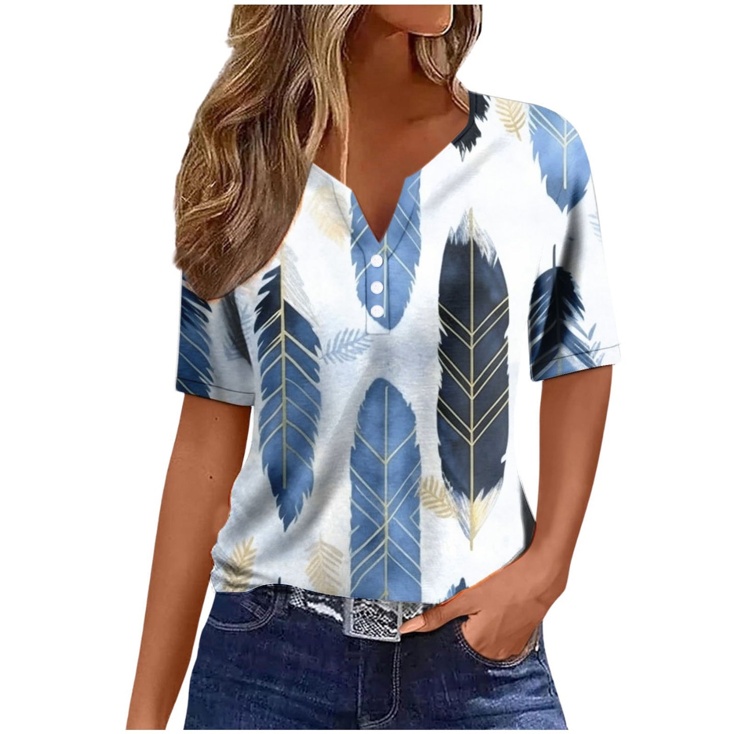 T-shirt à paillettes et col en V à trois boutons et manches courtes pour femme