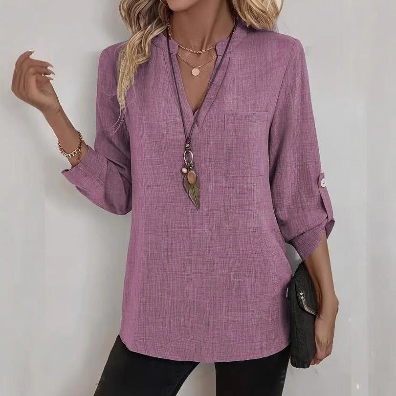 Haut ample grande taille à col en V et couleur unie