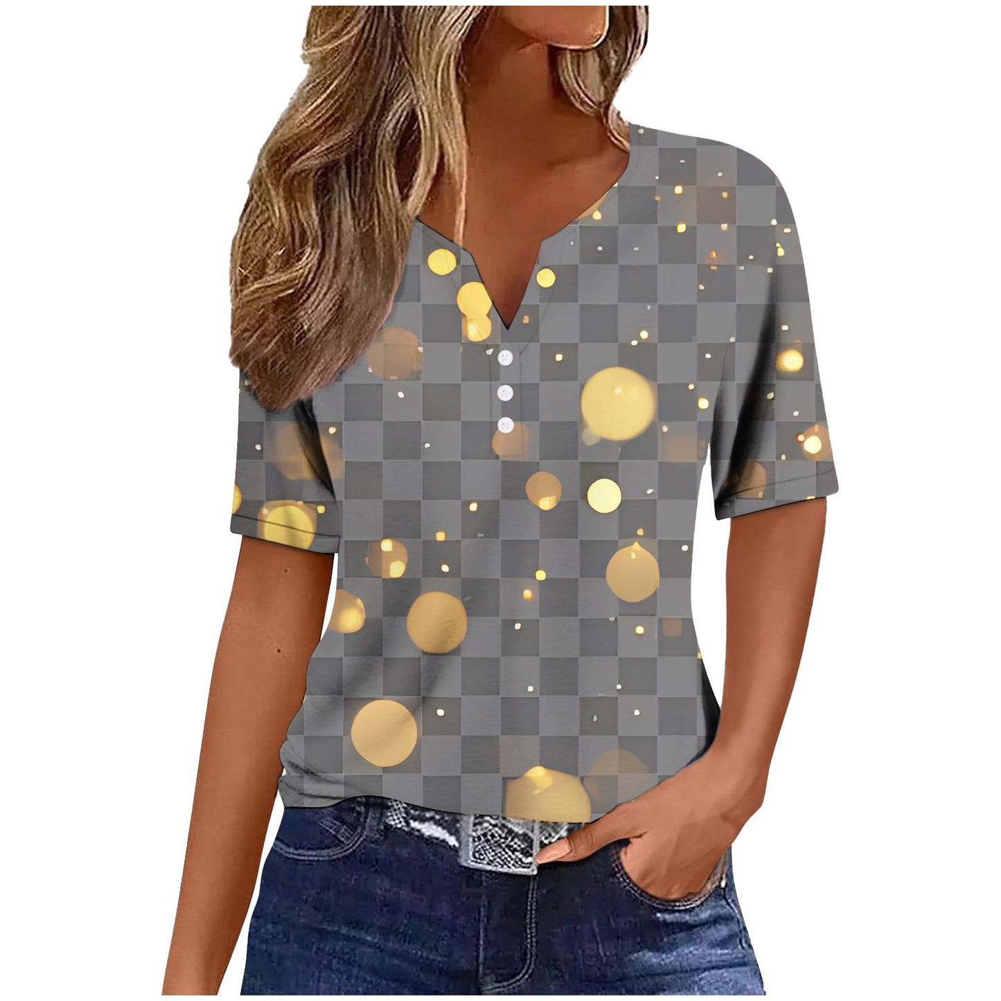 T-shirt à paillettes et col en V à trois boutons et manches courtes pour femme