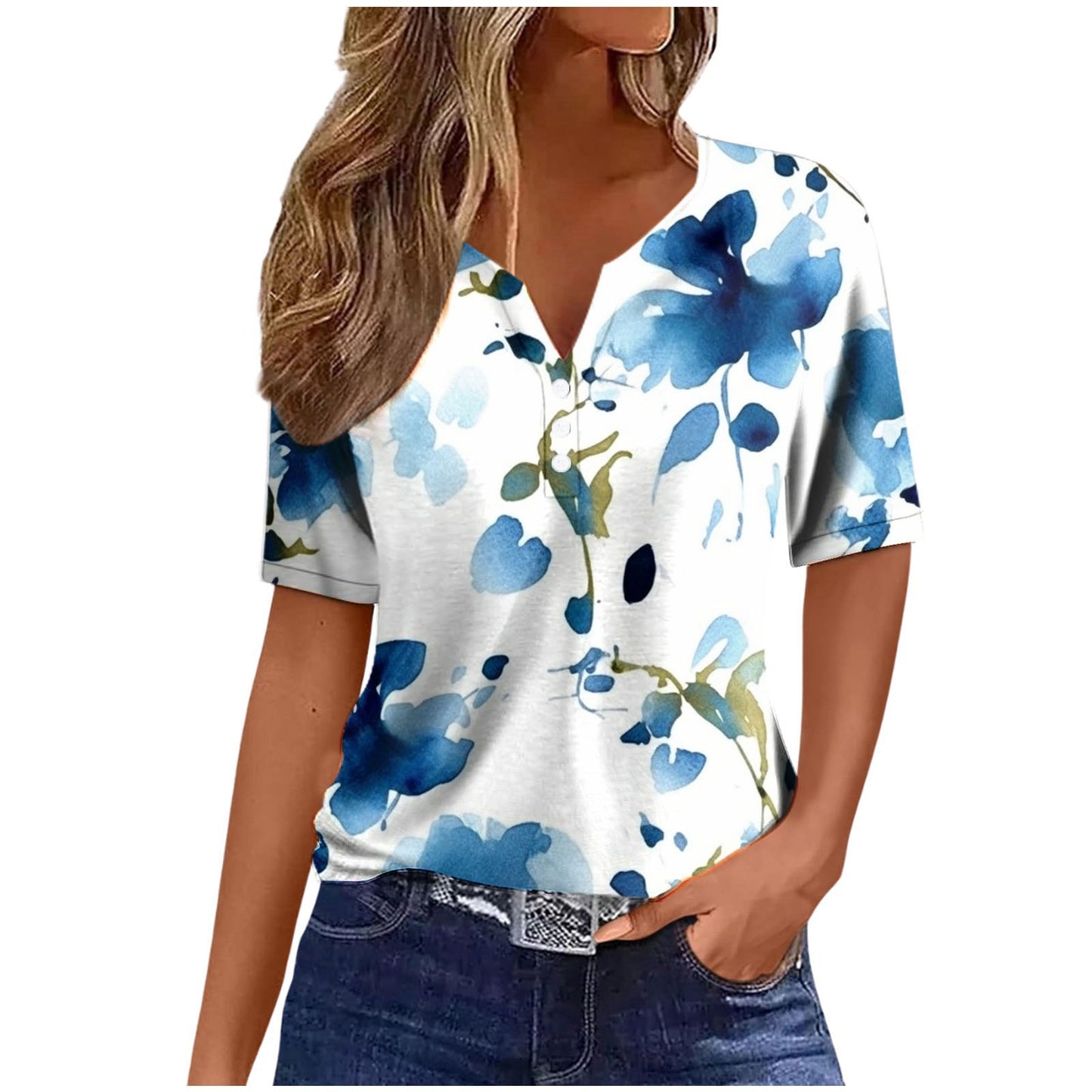 T-shirt à paillettes et col en V à trois boutons et manches courtes pour femme