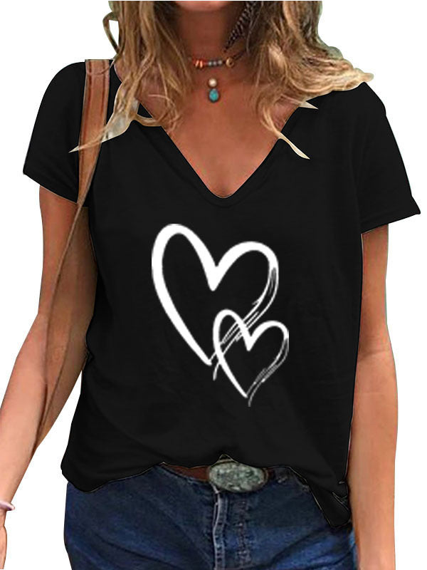 T-shirt ample et décontracté à col en V avec imprimé cœur