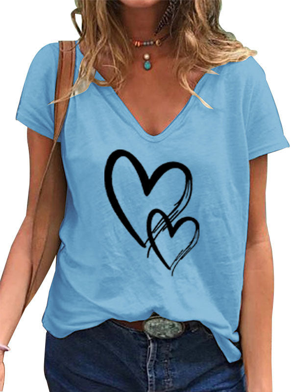 T-shirt ample et décontracté à col en V avec imprimé cœur