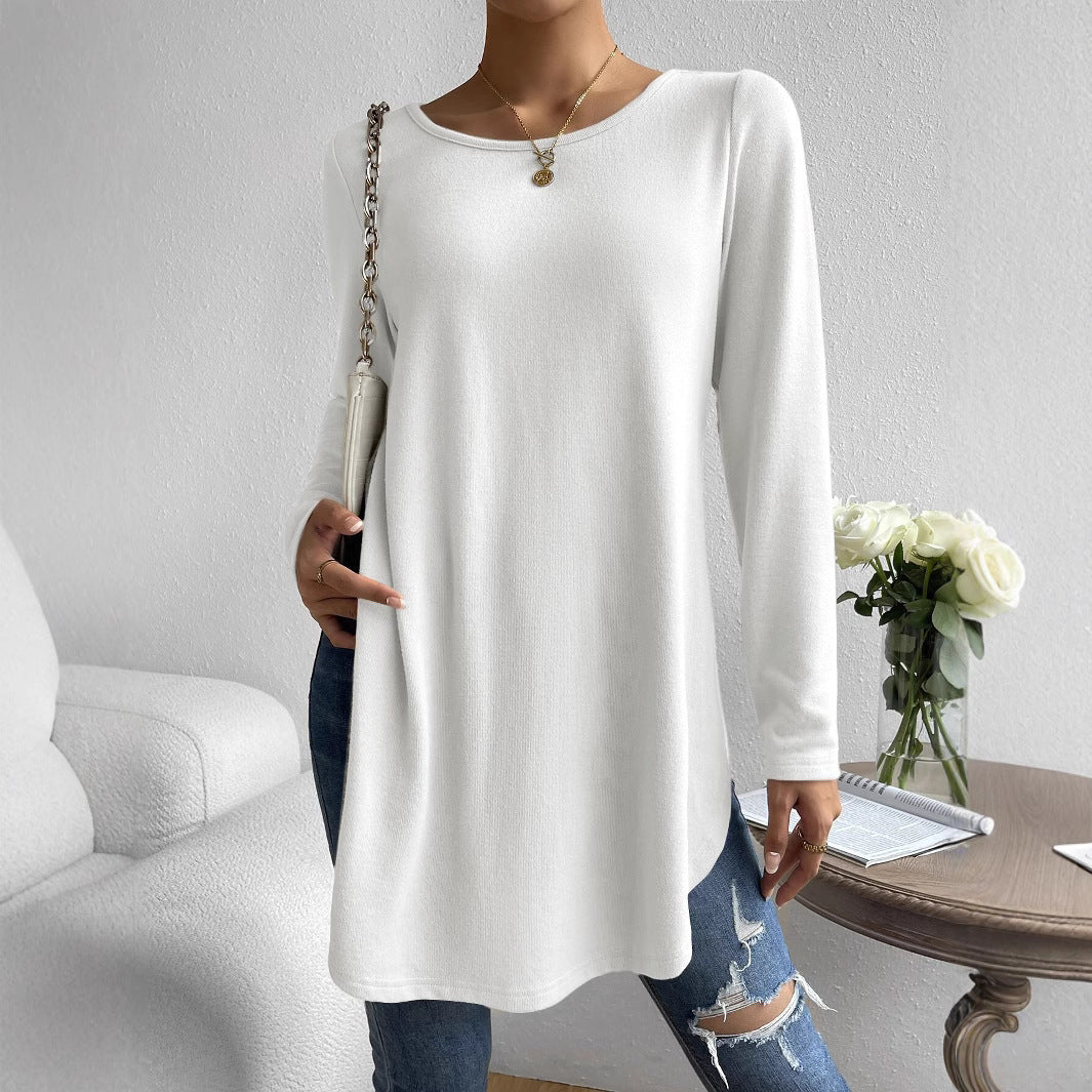 Haut décontracté à manches longues et col rond, couleur unie, avec fente sur les deux côtés